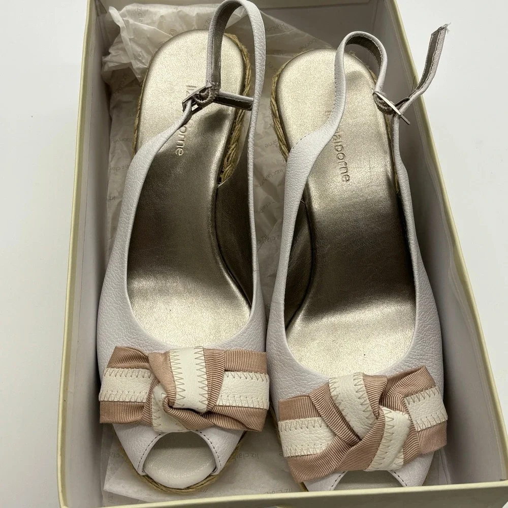 Liz‎ Claiborne MYA White Sanibel Espadrille Wedge Peep Toe Slingback Shoes 9.5M